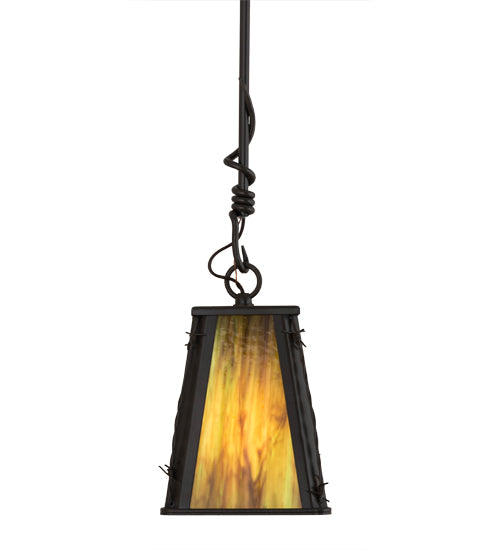 Meyda Lighting Barbed Wire 9" Timeless Bronze Mini Pendant Light With Green & Brown Art Shade Glass