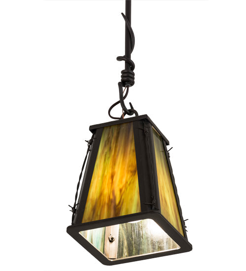 Meyda Lighting Barbed Wire 9" Timeless Bronze Mini Pendant Light With Green & Brown Art Shade Glass