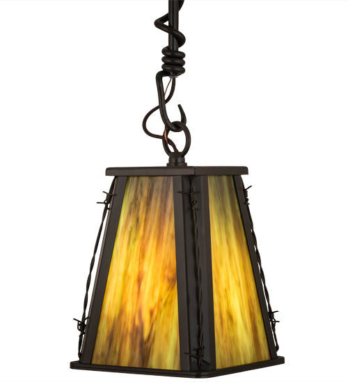 Meyda Lighting Barbed Wire 9" Timeless Bronze Mini Pendant Light With Green & Brown Art Shade Glass