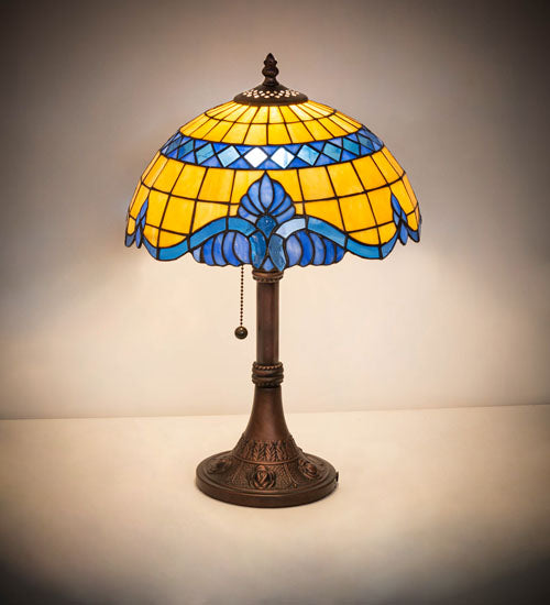 Meyda Lighting Baroque 17" Mahogany Bronze Accent Table Lamp With Blue & Beige Shade Glass