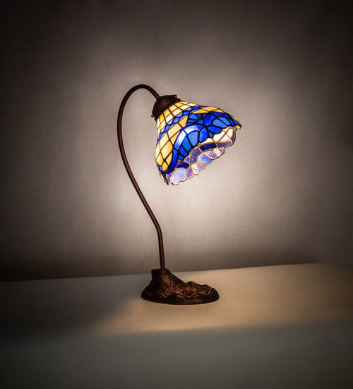Meyda Lighting Baroque 18" Mahogany Bronze Desk Table Lamp With Beige & Blue Stained Shade Glass