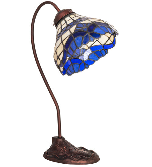 Meyda Lighting Baroque 18" Mahogany Bronze Desk Table Lamp With Beige & Blue Stained Shade Glass
