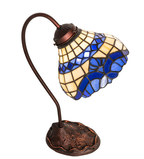 Meyda Lighting Baroque 18" Mahogany Bronze Desk Table Lamp With Beige & Blue Stained Shade Glass