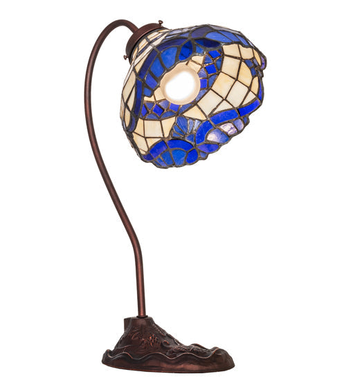 Meyda Lighting Baroque 18" Mahogany Bronze Desk Table Lamp With Beige & Blue Stained Shade Glass