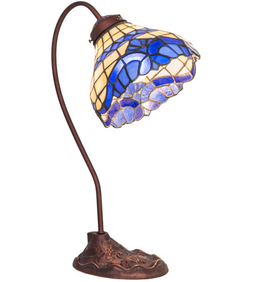 Meyda Lighting Baroque 18" Mahogany Bronze Desk Table Lamp With Beige & Blue Stained Shade Glass