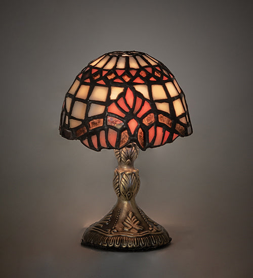 Meyda Lighting Baroque 5" Antique Brass Micro Mini Table Lamp With Beige & Ruby Stained Shade Glass