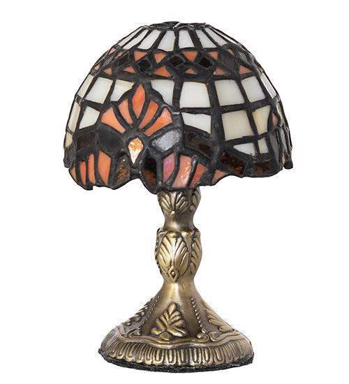 Meyda Lighting Baroque 5" Antique Brass Micro Mini Table Lamp With Beige & Ruby Stained Shade Glass