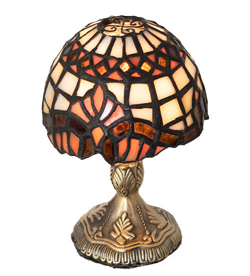 Meyda Lighting Baroque 5" Antique Brass Micro Mini Table Lamp With Beige & Ruby Stained Shade Glass