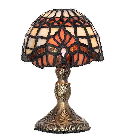 Meyda Lighting Baroque 5" Antique Brass Micro Mini Table Lamp With Beige & Ruby Stained Shade Glass