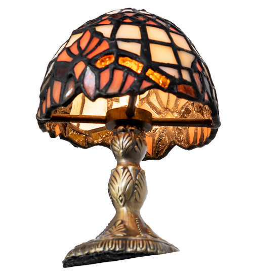 Meyda Lighting Baroque 5" Antique Brass Micro Mini Table Lamp With Beige & Ruby Stained Shade Glass