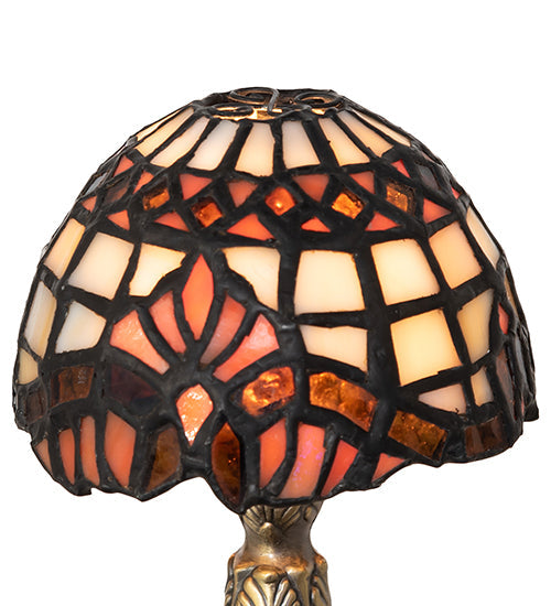 Meyda Lighting Baroque 5" Antique Brass Micro Mini Table Lamp With Beige & Ruby Stained Shade Glass