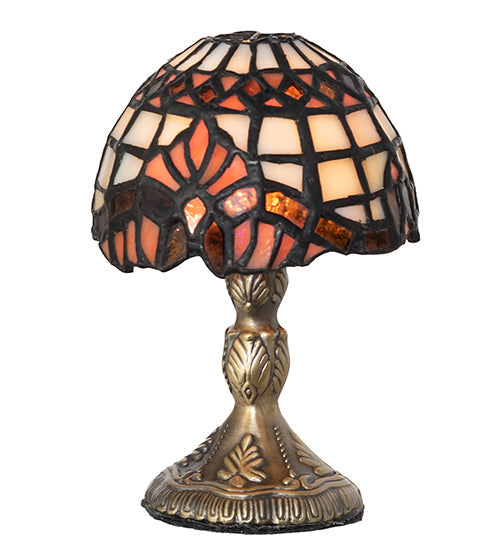 Meyda Lighting Baroque 5" Antique Brass Micro Mini Table Lamp With Beige & Ruby Stained Shade Glass
