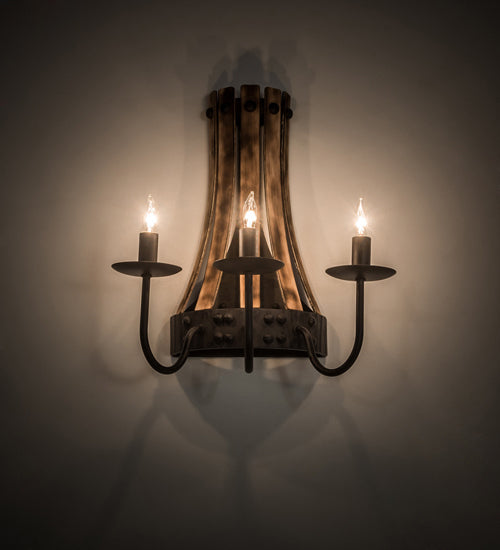 Meyda Lighting Barrel Stave 14" 3-Light Natural Wood & Costello Black Wall Sconce