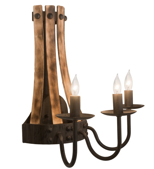 Meyda Lighting Barrel Stave 14" 3-Light Natural Wood & Costello Black Wall Sconce