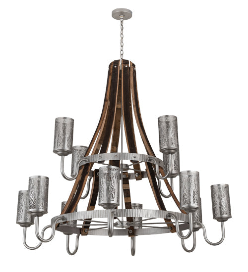 Meyda Lighting Barrel Stave 187997 60" 12-Light 2-Tier Brushed Nickel & Charred Wood Winter Maple Chandelier With Clear & Silver Shade Glass