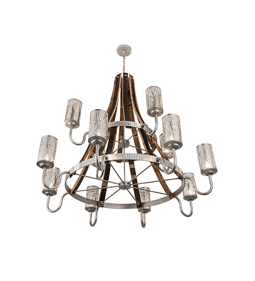 Meyda Lighting Barrel Stave 187997 60" 12-Light 2-Tier Brushed Nickel & Charred Wood Winter Maple Chandelier With Clear & Silver Shade Glass