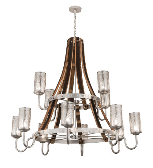 Meyda Lighting Barrel Stave 187997 60" 12-Light 2-Tier Brushed Nickel & Charred Wood Winter Maple Chandelier With Clear & Silver Shade Glass