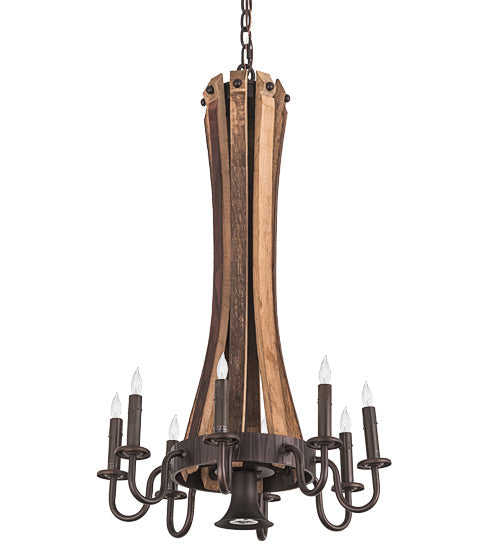 Meyda Lighting Barrel Stave 20" 9-Light Mahogany Bronze & Natural Wood Chandelier With Faux Candlelight