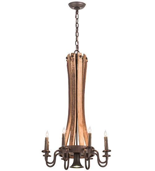 Meyda Lighting Barrel Stave 20" 9-Light Mahogany Bronze & Natural Wood Chandelier With Faux Candlelight