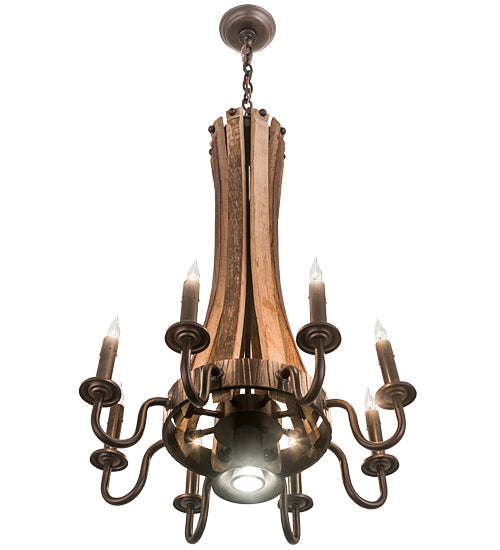 Meyda Lighting Barrel Stave 20" 9-Light Mahogany Bronze & Natural Wood Chandelier With Faux Candlelight