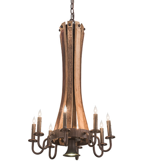 Meyda Lighting Barrel Stave 20" 9-Light Mahogany Bronze & Natural Wood Chandelier With Faux Candlelight