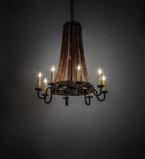 Meyda Lighting Barrel Stave 24" 8-Light Natural Wood & Oil Rubbed Bronze Madera Chandelier With Ivory Faux Candlelight