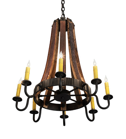 Meyda Lighting Barrel Stave 24" 8-Light Natural Wood & Oil Rubbed Bronze Madera Chandelier With Ivory Faux Candlelight
