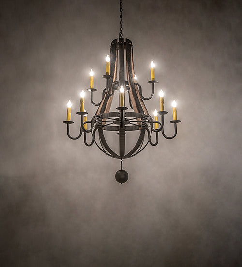 Meyda Lighting Barrel Stave 253553 44" 12-Light 2-Tier Wrought Iron Madera Chandelier With Ivory Faux Candlelight
