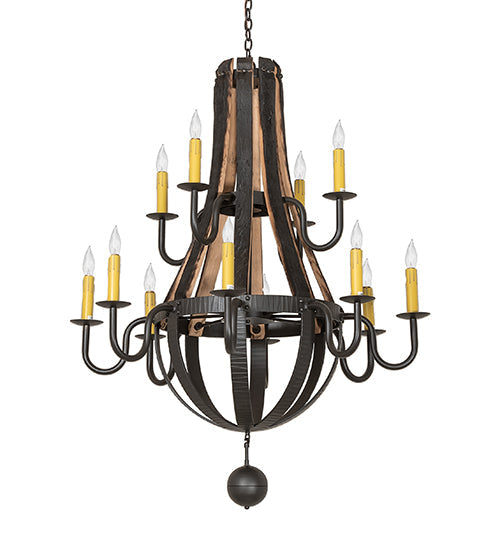 Meyda Lighting Barrel Stave 253553 44" 12-Light 2-Tier Wrought Iron Madera Chandelier With Ivory Faux Candlelight