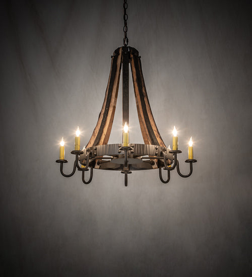Meyda Lighting Barrel Stave 27" 8-Light Natural Wood & Oil Rubbed Bronze Madera Chandelier With Ivory Faux Candlelight