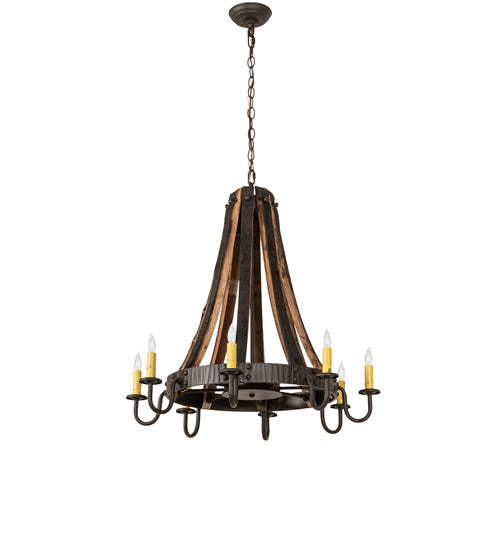 Meyda Lighting Barrel Stave 27" 8-Light Natural Wood & Oil Rubbed Bronze Madera Chandelier With Ivory Faux Candlelight