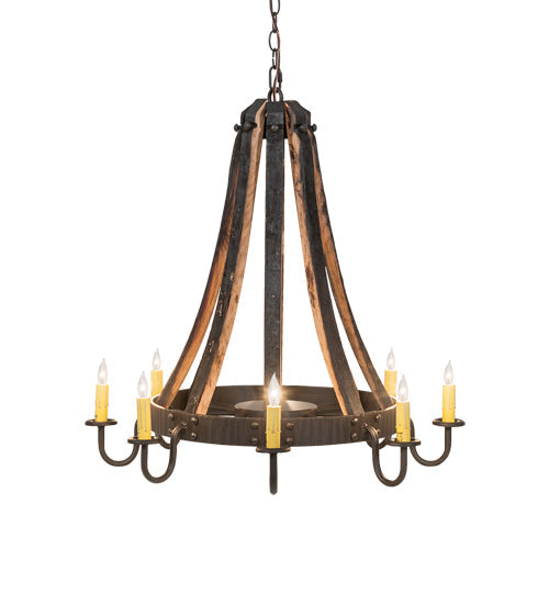 Meyda Lighting Barrel Stave 27" 8-Light Natural Wood & Oil Rubbed Bronze Madera Chandelier With Ivory Faux Candlelight