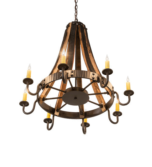 Meyda Lighting Barrel Stave 27" 8-Light Natural Wood & Oil Rubbed Bronze Madera Chandelier With Ivory Faux Candlelight