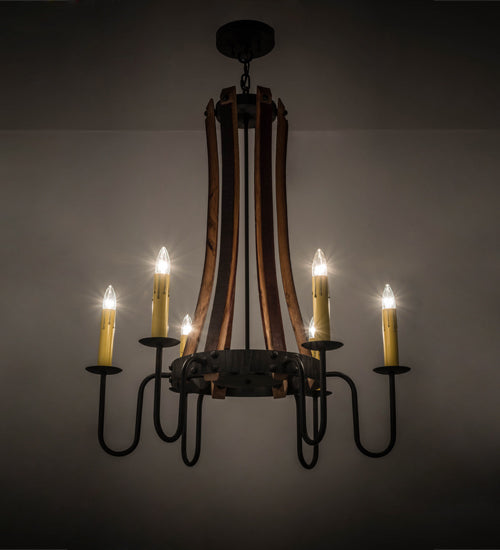 Meyda Lighting Barrel Stave 30" 6-Light Costello Black Madera Chandelier With Amber Faux Candlelight