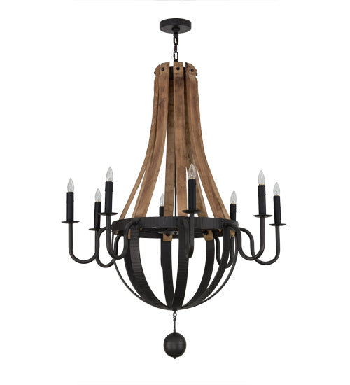Meyda Lighting Barrel Stave 43" 8-Light Wrought Iron & Natural Wood Madera Chandelier With Black Faux Candlelight