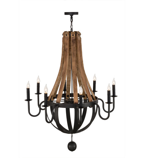 Meyda Lighting Barrel Stave 43" 8-Light Wrought Iron & Natural Wood Madera Chandelier With Black Faux Candlelight