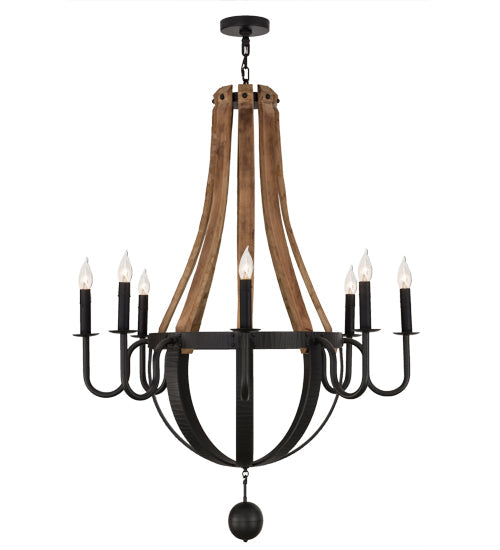 Meyda Lighting Barrel Stave 43" 8-Light Wrought Iron & Natural Wood Madera Chandelier With Black Faux Candlelight