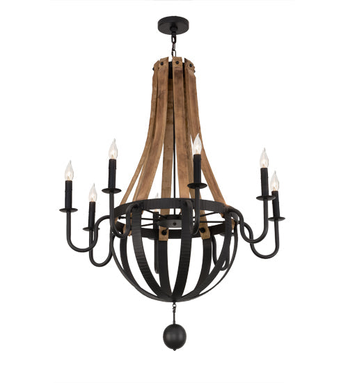 Meyda Lighting Barrel Stave 43" 8-Light Wrought Iron & Natural Wood Madera Chandelier With Black Faux Candlelight