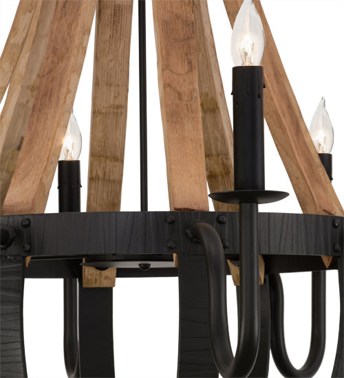 Meyda Lighting Barrel Stave 43" 8-Light Wrought Iron & Natural Wood Madera Chandelier With Black Faux Candlelight