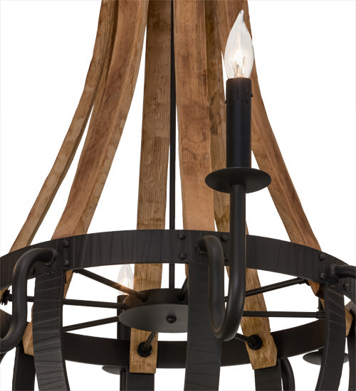 Meyda Lighting Barrel Stave 43" 8-Light Wrought Iron & Natural Wood Madera Chandelier With Black Faux Candlelight