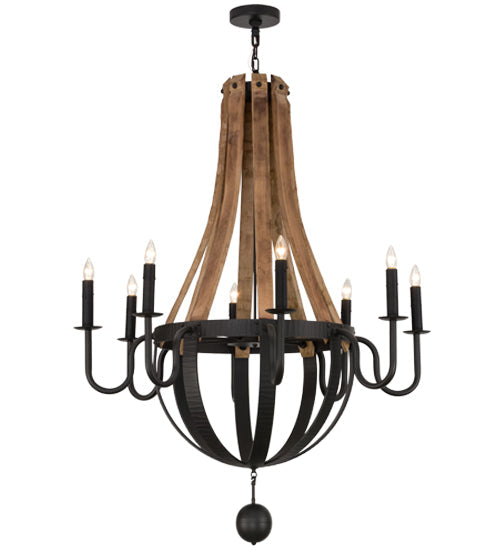 Meyda Lighting Barrel Stave 43" 8-Light Wrought Iron & Natural Wood Madera Chandelier With Black Faux Candlelight
