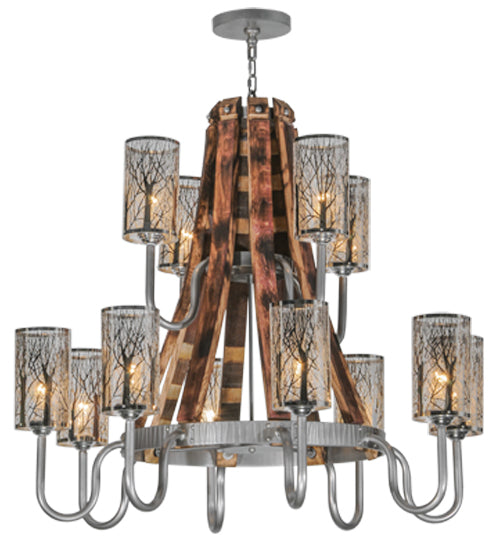 Meyda Lighting Barrel Stave 44" 12-Light 2-Tier Brushed Nickel Winter Maple Chandelier With Clear and Black Shade Glass