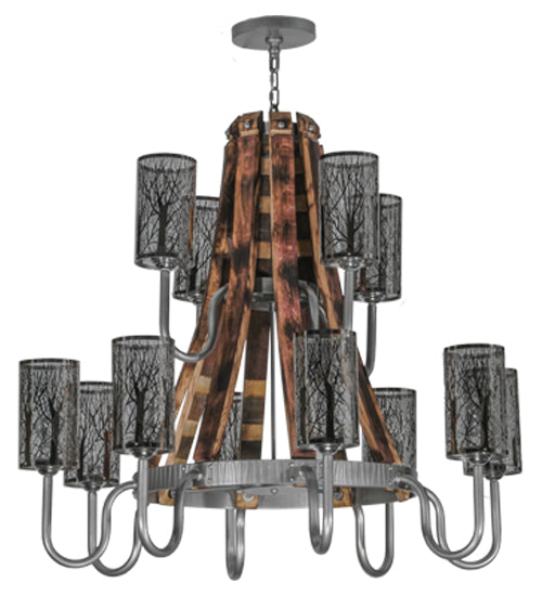 Meyda Lighting Barrel Stave 44" 12-Light 2-Tier Brushed Nickel Winter Maple Chandelier With Clear and Black Shade Glass