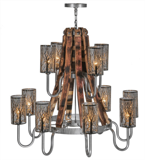 Meyda Lighting Barrel Stave 44" 12-Light 2-Tier Brushed Nickel Winter Maple Chandelier With Clear and Black Shade Glass
