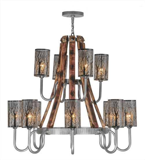 Meyda Lighting Barrel Stave 44" 12-Light 2-Tier Brushed Nickel Winter Maple Chandelier With Clear and Black Shade Glass