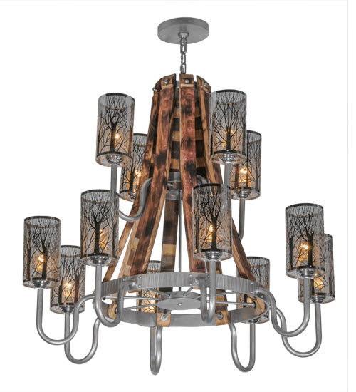 Meyda Lighting Barrel Stave 44" 12-Light 2-Tier Brushed Nickel Winter Maple Chandelier With Clear and Black Shade Glass