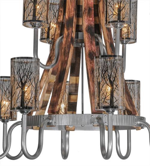 Meyda Lighting Barrel Stave 44" 12-Light 2-Tier Brushed Nickel Winter Maple Chandelier With Clear and Black Shade Glass