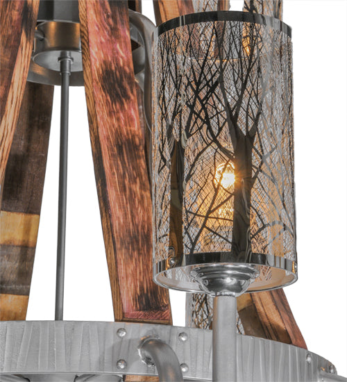 Meyda Lighting Barrel Stave 44" 12-Light 2-Tier Brushed Nickel Winter Maple Chandelier With Clear and Black Shade Glass