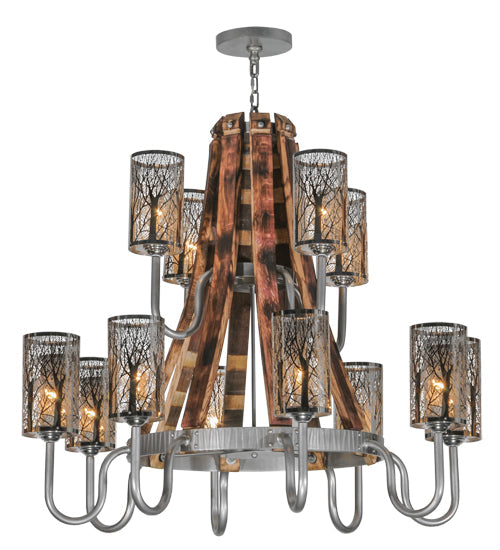 Meyda Lighting Barrel Stave 44" 12-Light 2-Tier Brushed Nickel Winter Maple Chandelier With Clear and Black Shade Glass