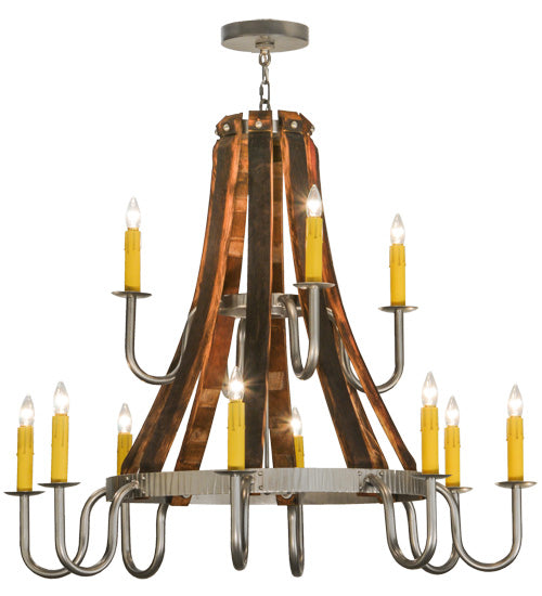 Meyda Lighting Barrel Stave 44" 12-Light 2-Tier Nickel Powder Coat Madera Chandelier With Ivory Faux Candlelight